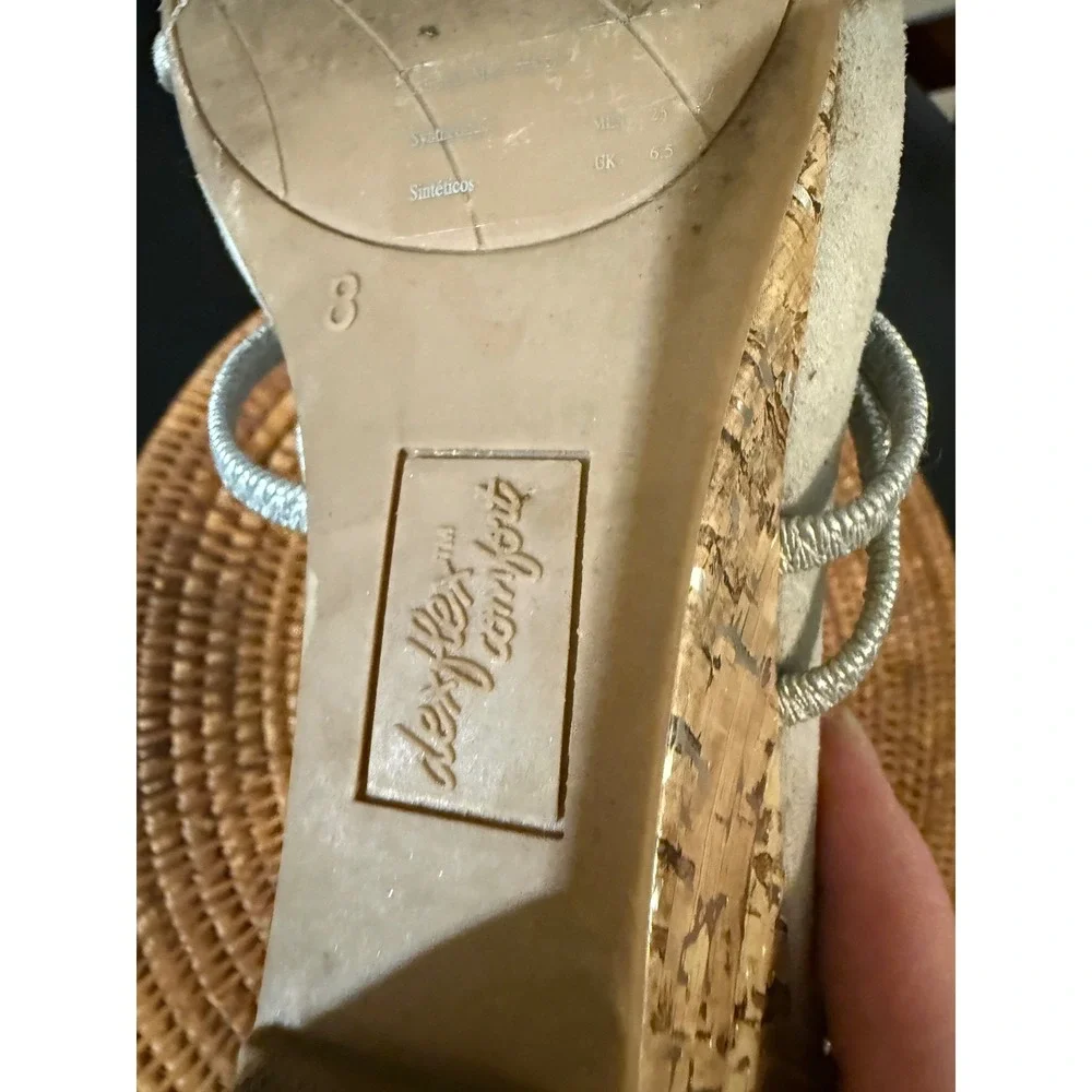 Dexflex Comfort Womens‎ Silver Strappy Cork Wedge Sandals Back Zip Size 8